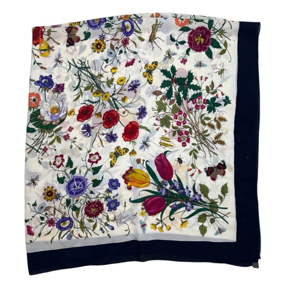 Vintage Gucci 100% Silk Scarf is pre loved 51” x 51”